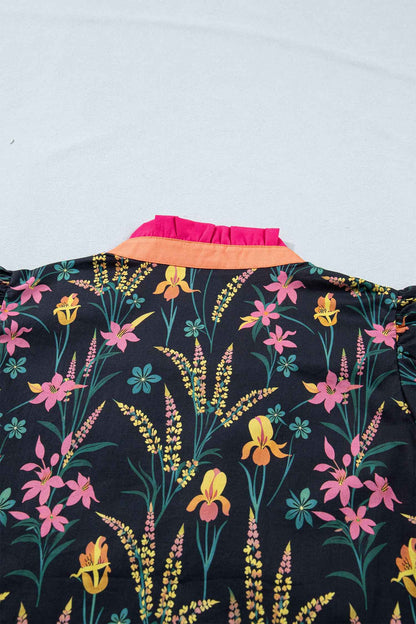 Black Floral Print Contrast Trim Tiered Ruffled Short Sleeve Blouse