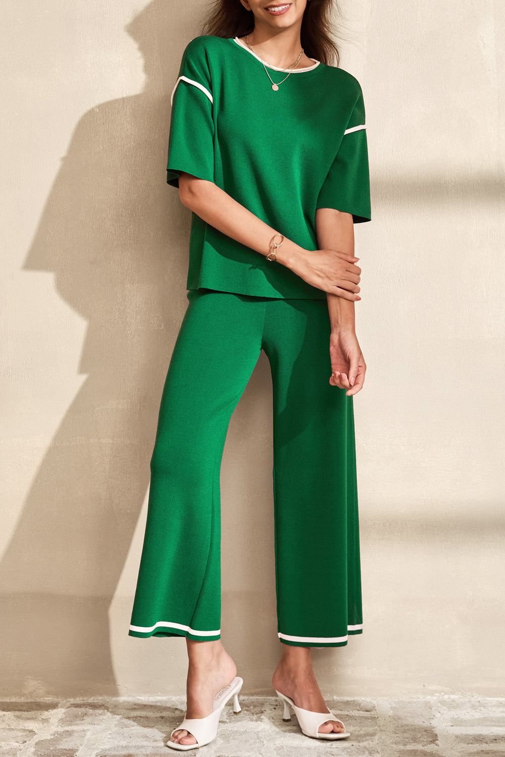 Blackish Green Contrast Trim Half Sleeve Top Drawstring Pants Loose 2pcs Sweater Suit - Snoopy's Closet