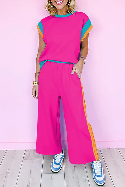Strawberry Pink Color Block Detail Casual Two-piece Set - Snoopy's Closet