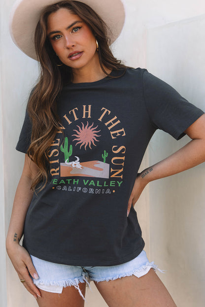 Dark Grey RISE WITH THE SUN Western Fashion Graphic Tee - Snoopy's Closet
