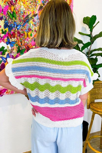 White Colorblock Crochet Knit Ruffled Short Sleeve Sweater Top - Snoopy's Closet