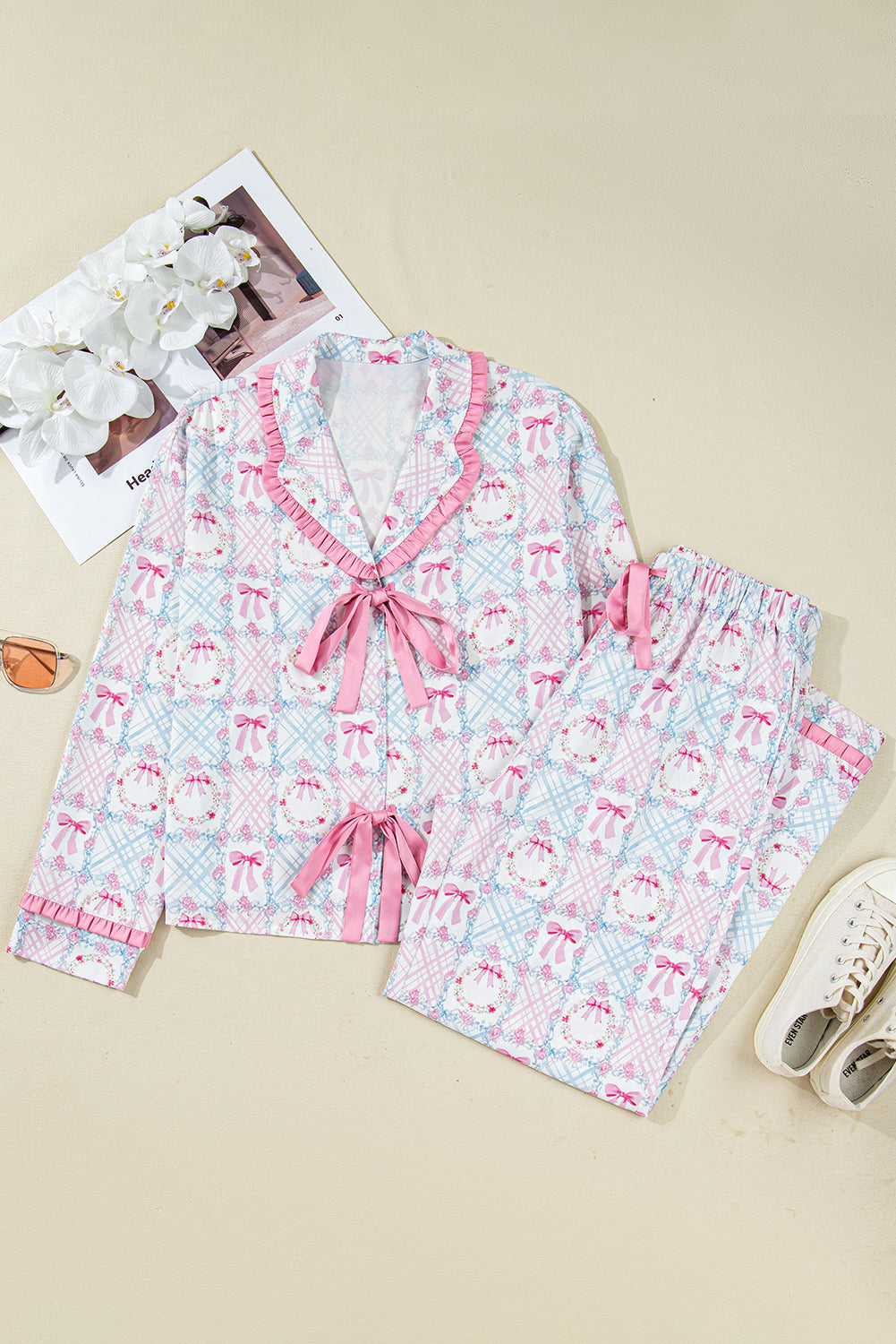 Pink Bow Wreath Pattern Christmas Holiday Tied Front Long Sleeve 2pcs Pajama Set - Snoopy's Closet
