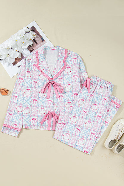Pink Bow Wreath Pattern Christmas Holiday Tied Front Long Sleeve 2pcs Pajama Set - Snoopy's Closet
