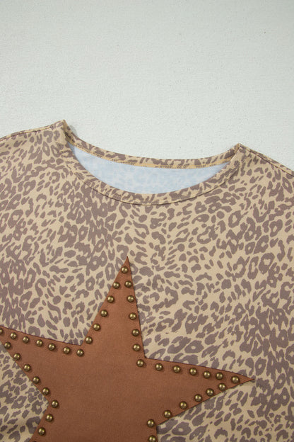 Khaki Leopard Retro Studded Star Patch Loose Tee - Snoopy's Closet