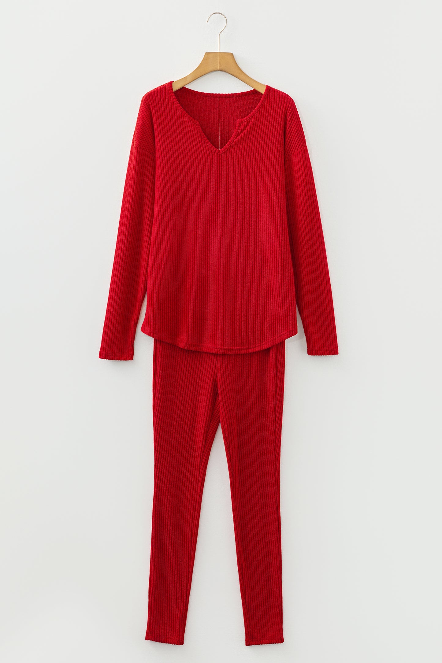 Racing Red Ribbed Notched Neck Knit Long Sleeve Leggings Two Pieces Lounge Set - Snoopy's Closet