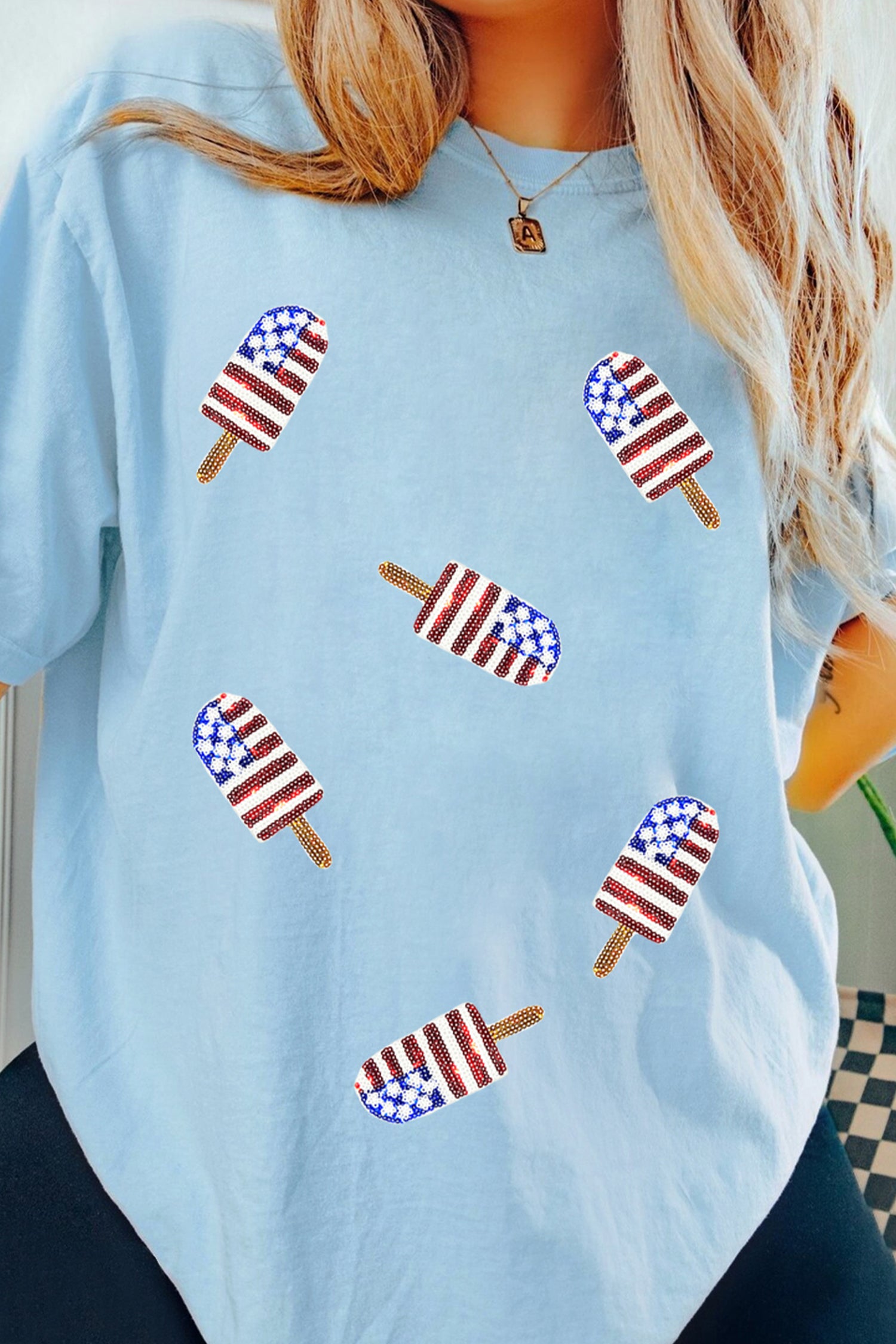 Light Blue Patriotic Sequin Popsicle T Shirt