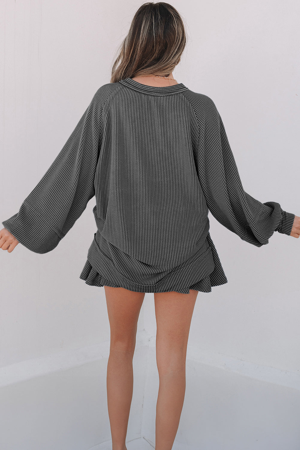Sky Blue Corded Lantern Sleeve Top High Waist Ruffled Mini Skort Set - Snoopy's Closet