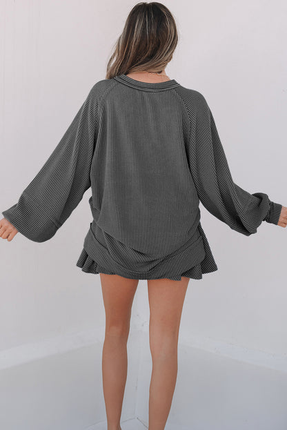 Sky Blue Corded Lantern Sleeve Top High Waist Ruffled Mini Skort Set - Snoopy's Closet