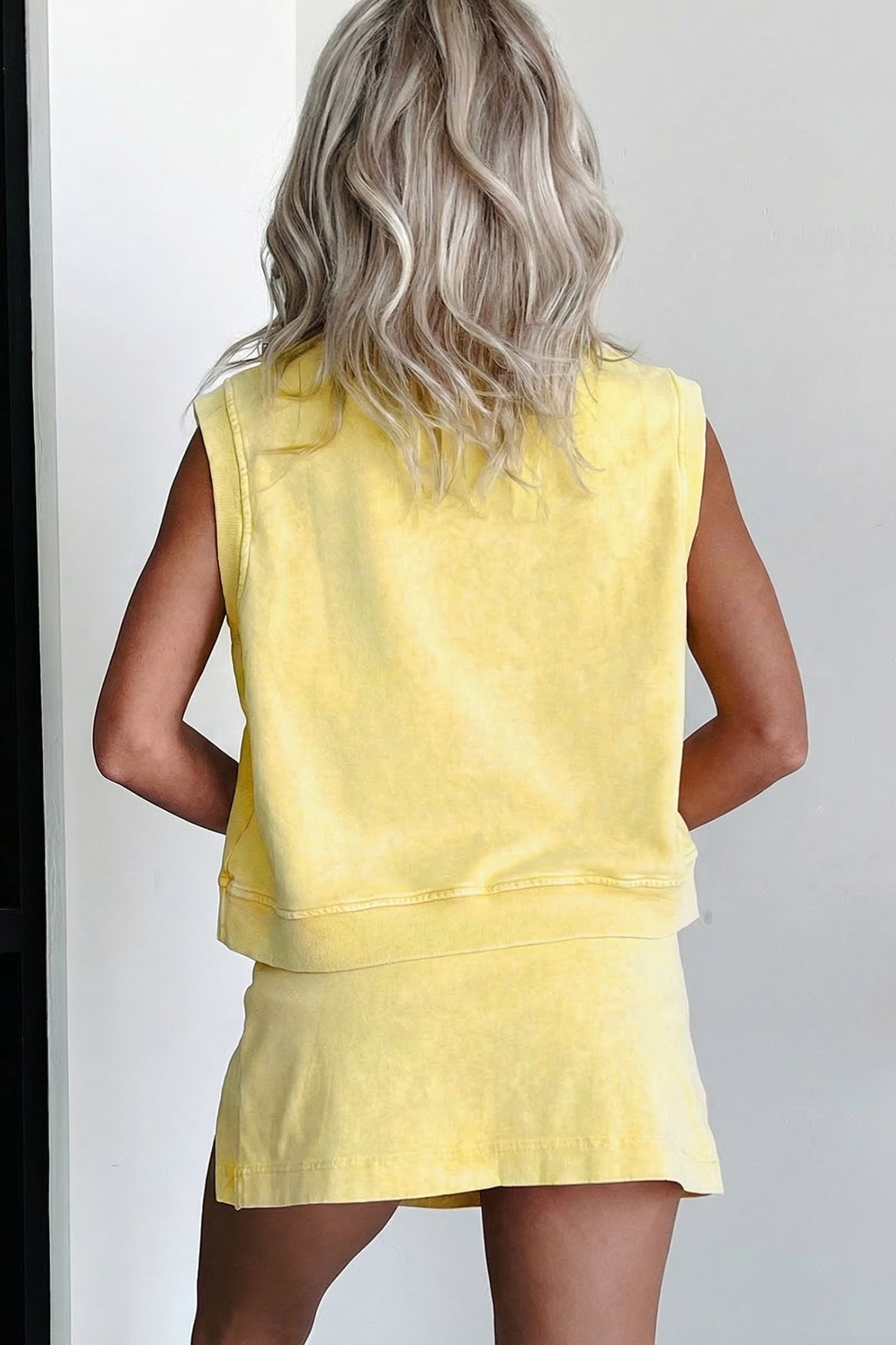 Yellow Cream 2 Pieces Mineral Wash Cotton Tank Top Lined Split Skirt Set