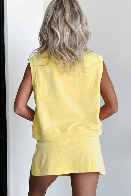 Yellow Cream 2 Pieces Mineral Wash Cotton Tank Top Lined Split Skirt Set