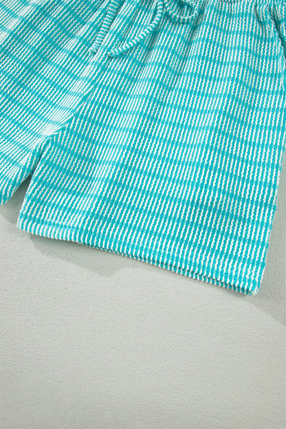 Sky Blue Stripe Raised Rib Loose Tee Drawstring Elastic Waist 2pcs Short Set