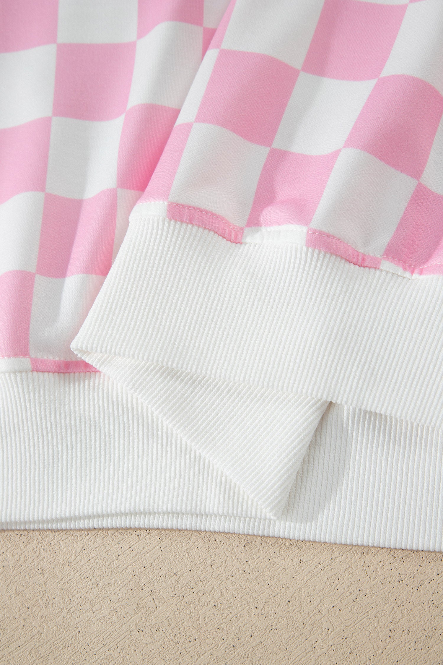 Pink Checkered Print Color Block Trim Mock Neck Short Set - Snoopy's Closet