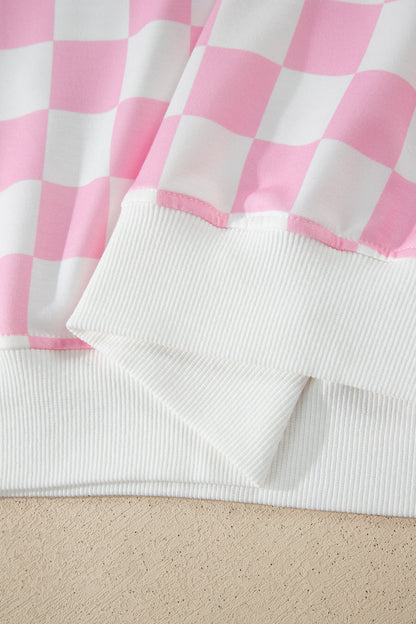 Pink Checkered Print Color Block Trim Mock Neck Short Set - Snoopy's Closet
