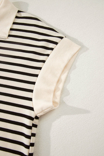 Black Stripe Ribbed Color Block Trim Zip Polo Tee Drawstring Shorts 2pcs Outfit - Snoopy's Closet