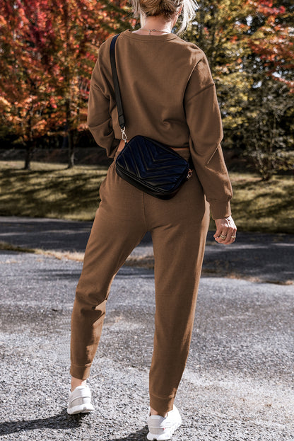 Coffee Solid Color High Low Pullover and Skinny Pants Set - Snoopy's Closet