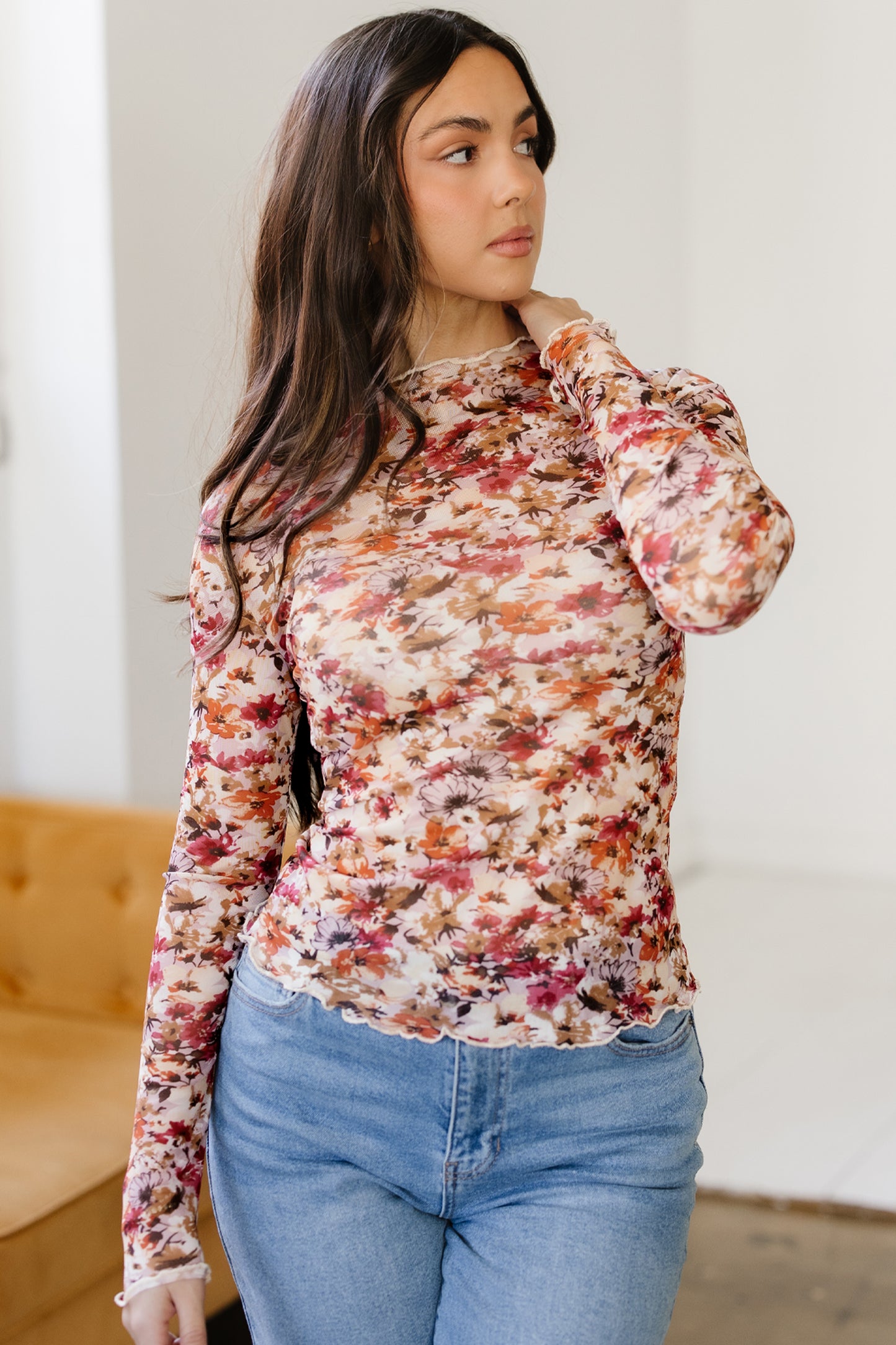 Red Lettuce Trim Floral Print Mesh Long Sleeve Top - Snoopy's Closet