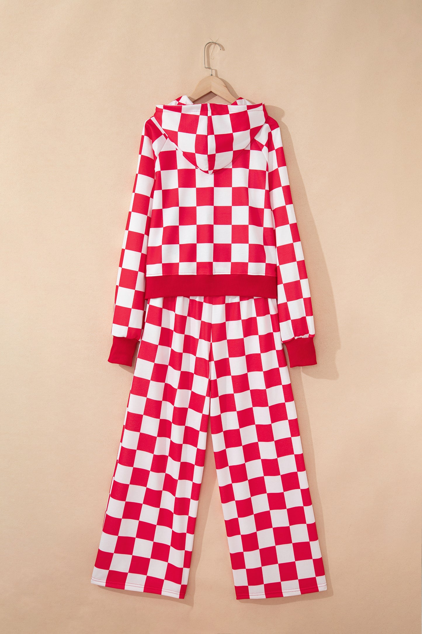 Red Checkered Print Half Zip Hoodie Loose Pant Set - Snoopy's Closet