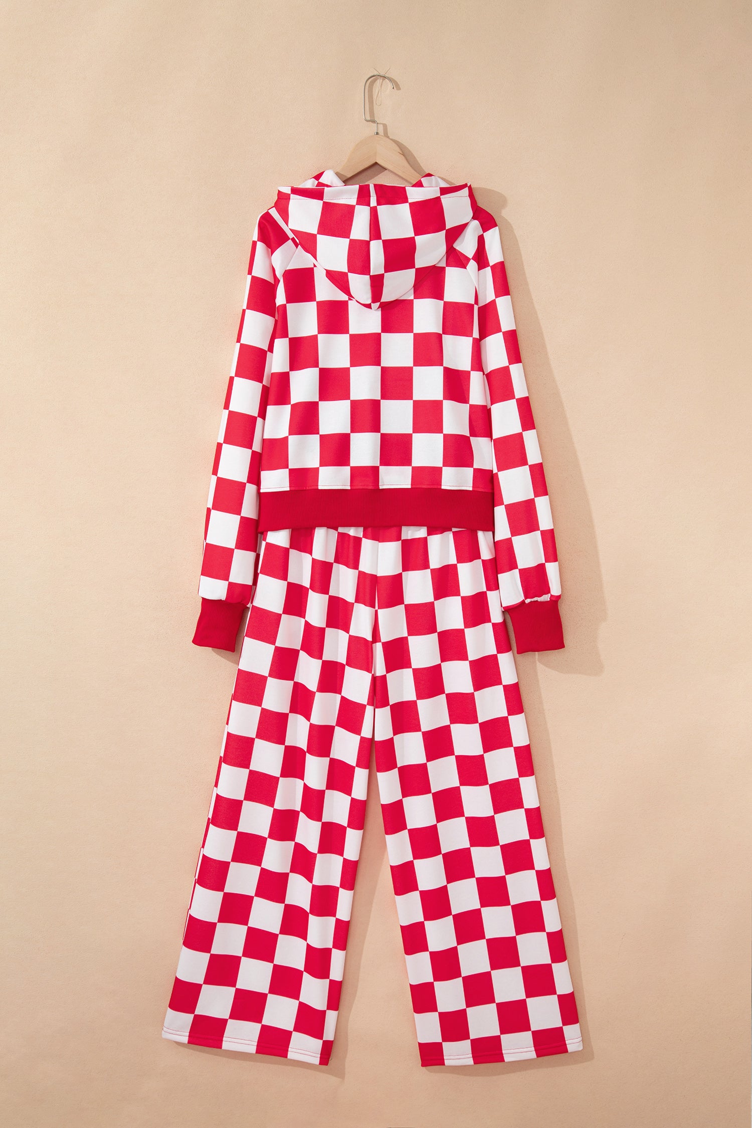 Red Checkered Print Half Zip Hoodie Loose Pant Set - Snoopy's Closet
