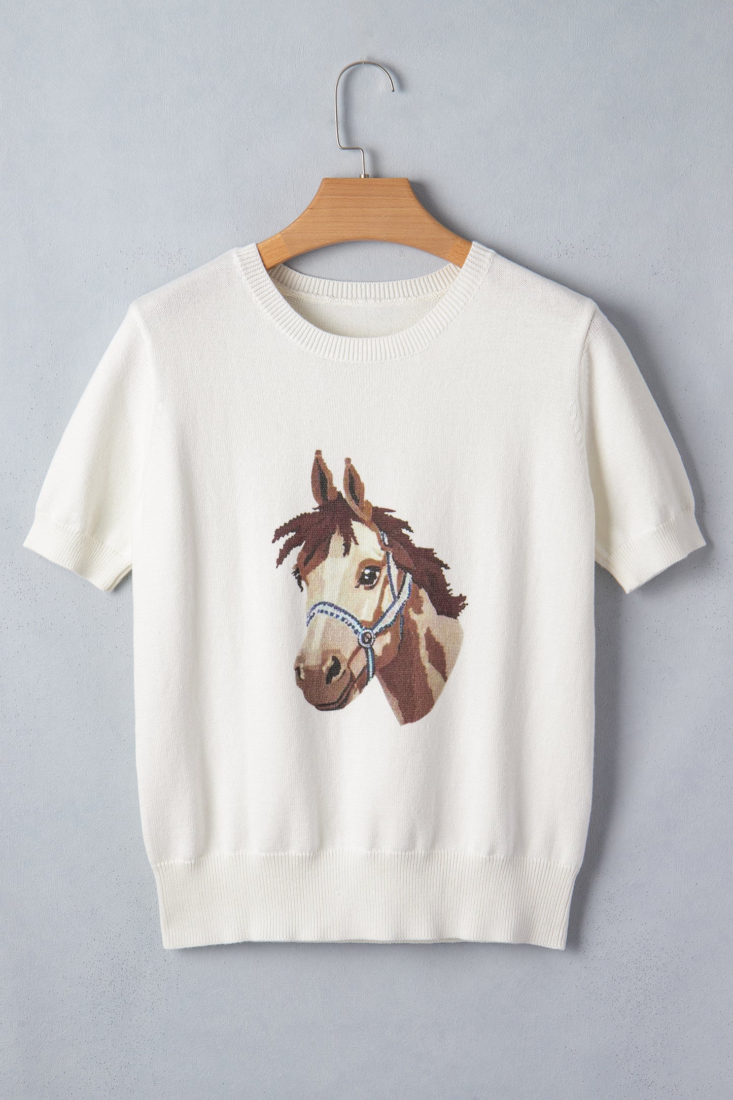 White Wild West Horse Head Printed Short Sleeve Sweater - Snoopy's Closet
