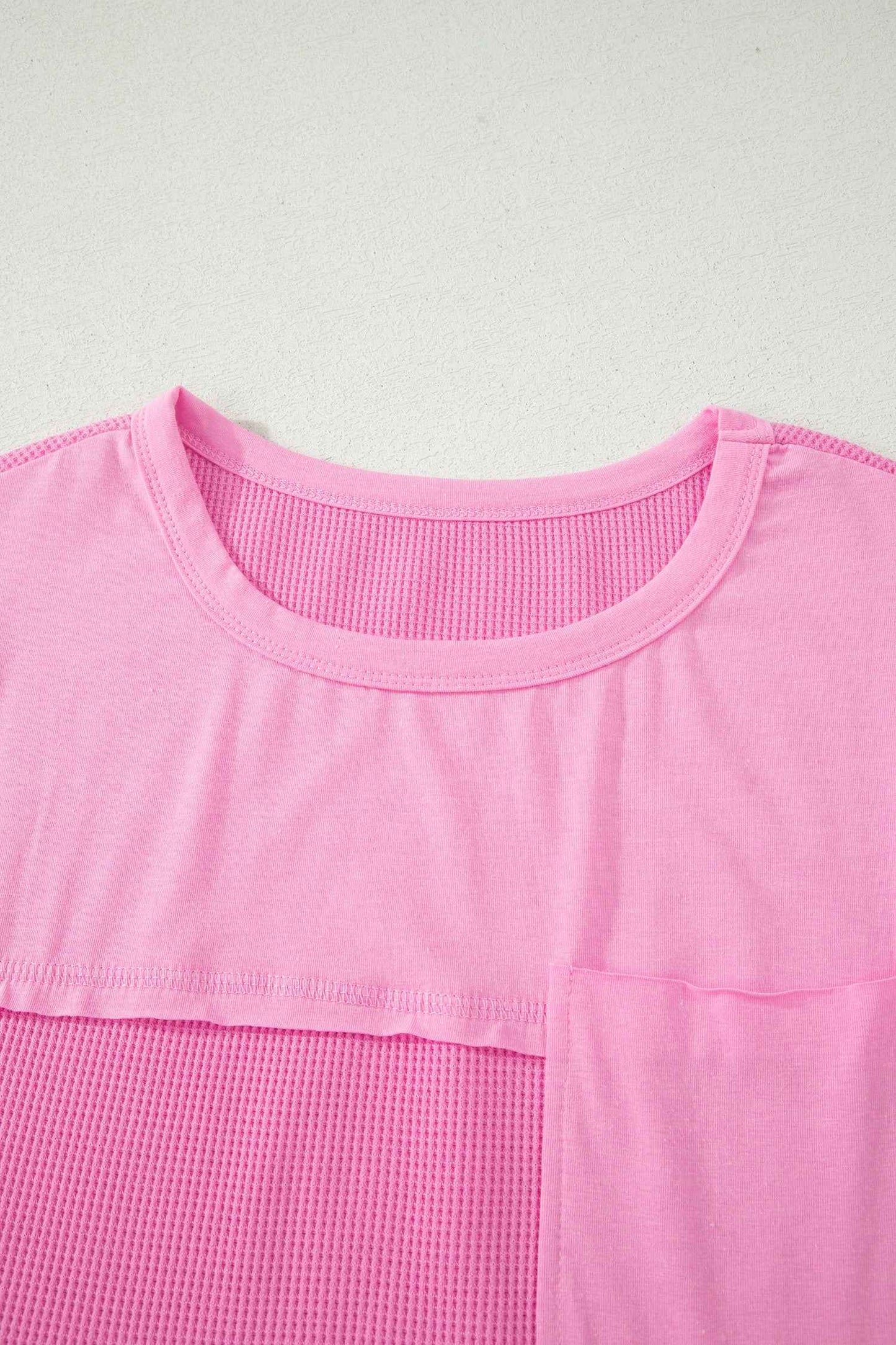 Pink Solid Color Raw Seam Waffled Patchwork Casual T Shirt