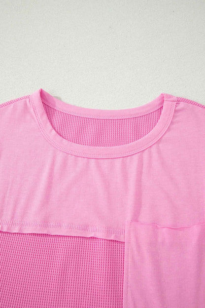 Pink Solid Color Raw Seam Waffled Patchwork Casual T Shirt