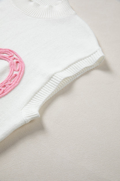 White Corded Horseshoes Ribbed Trim Mock Neck Short Sleeve Sweater