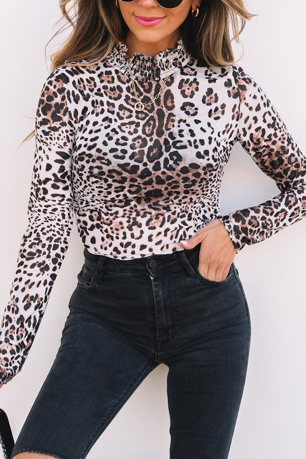 Brown Leopard Smocked Neck Mesh Long Sleeve Bodysuit - Snoopy's Closet