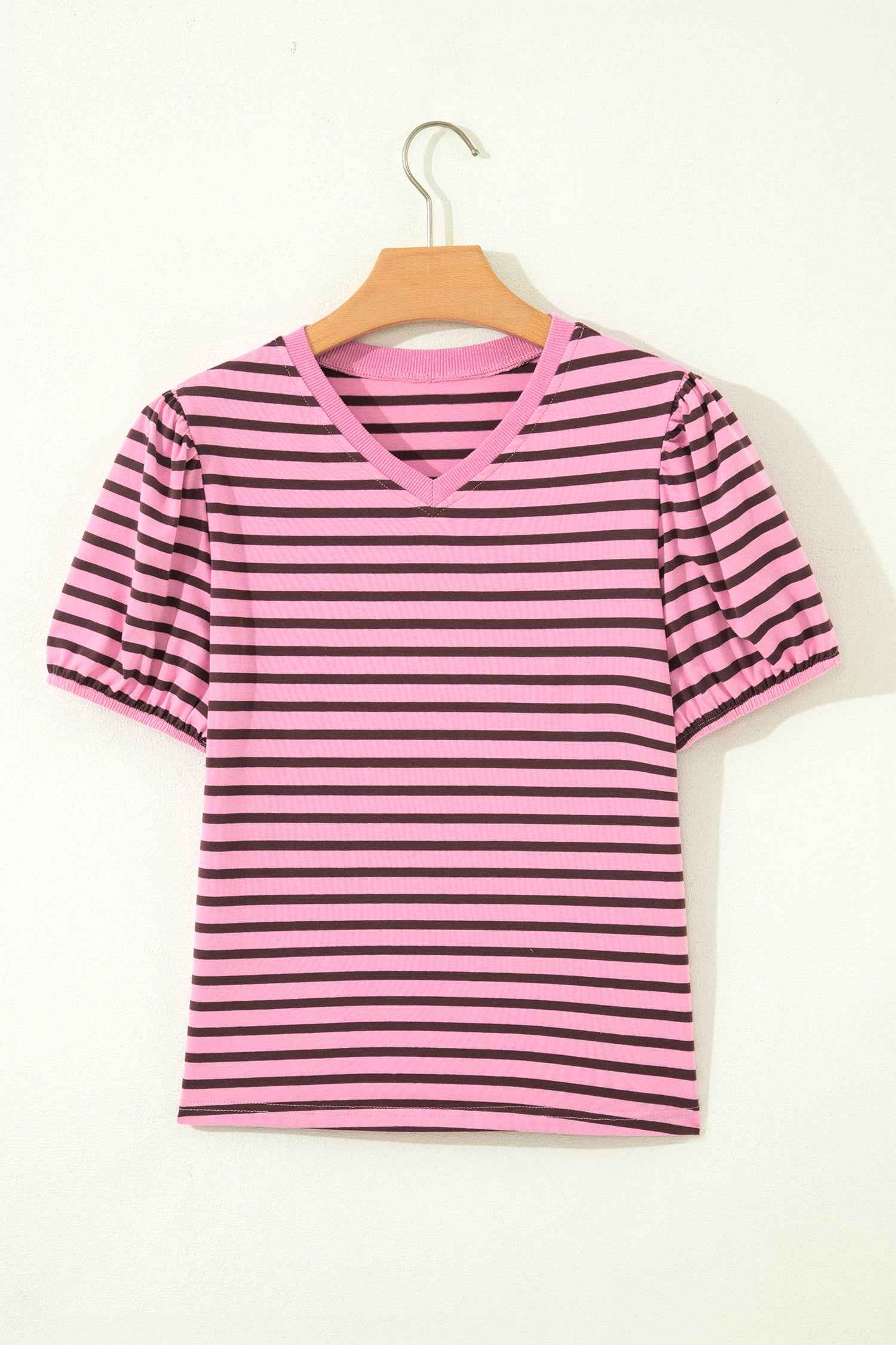 Rose Stripe Striped V-Neck Ribbed Collar Cuff Gathering Puff Sleeve Top