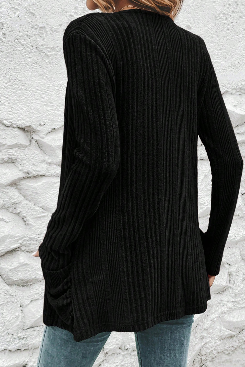 Black Ribbed Open Front Knitted Top with Pockets - Snoopy's Closet