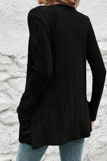 Black Ribbed Open Front Knitted Top with Pockets - Snoopy's Closet