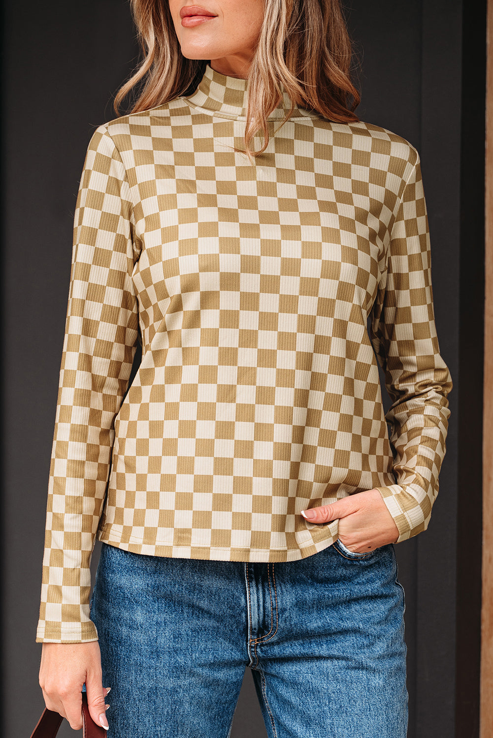 Khaki Check Pattern Turtleneck Ribbed Slim Long Sleeve Tee - Snoopy's Closet