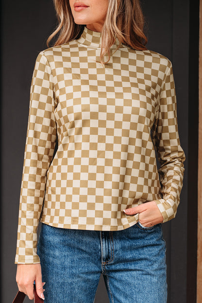 Khaki Check Pattern Turtleneck Ribbed Slim Long Sleeve Tee - Snoopy's Closet