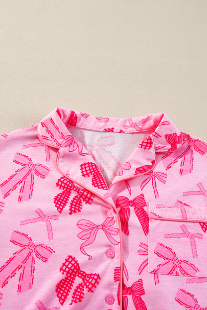 Conjunto de pijama de lazo rosa con estampado de solapa, manga corta y pantalón