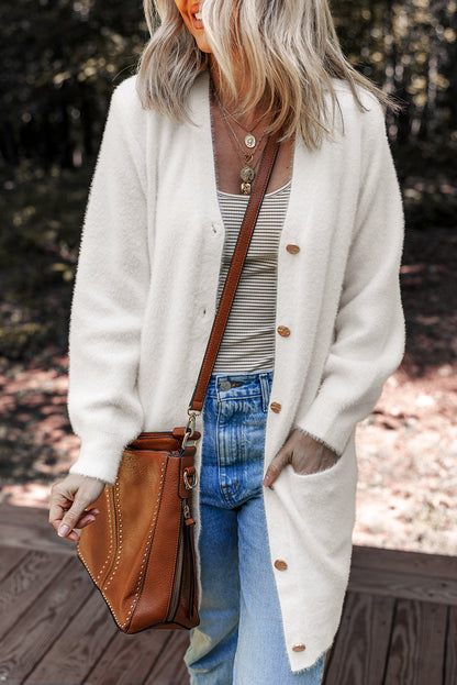 White Fuzzy Buttoned Front Midi Solid Cardigan - Snoopy's Closet