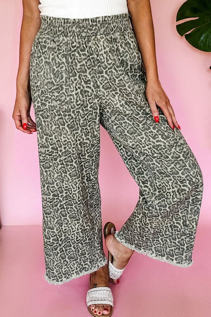 Pantalones Vaqueros Estampado Leopardo Marrón con Bajo Deshilachado y Cintura Elástica Sueltos