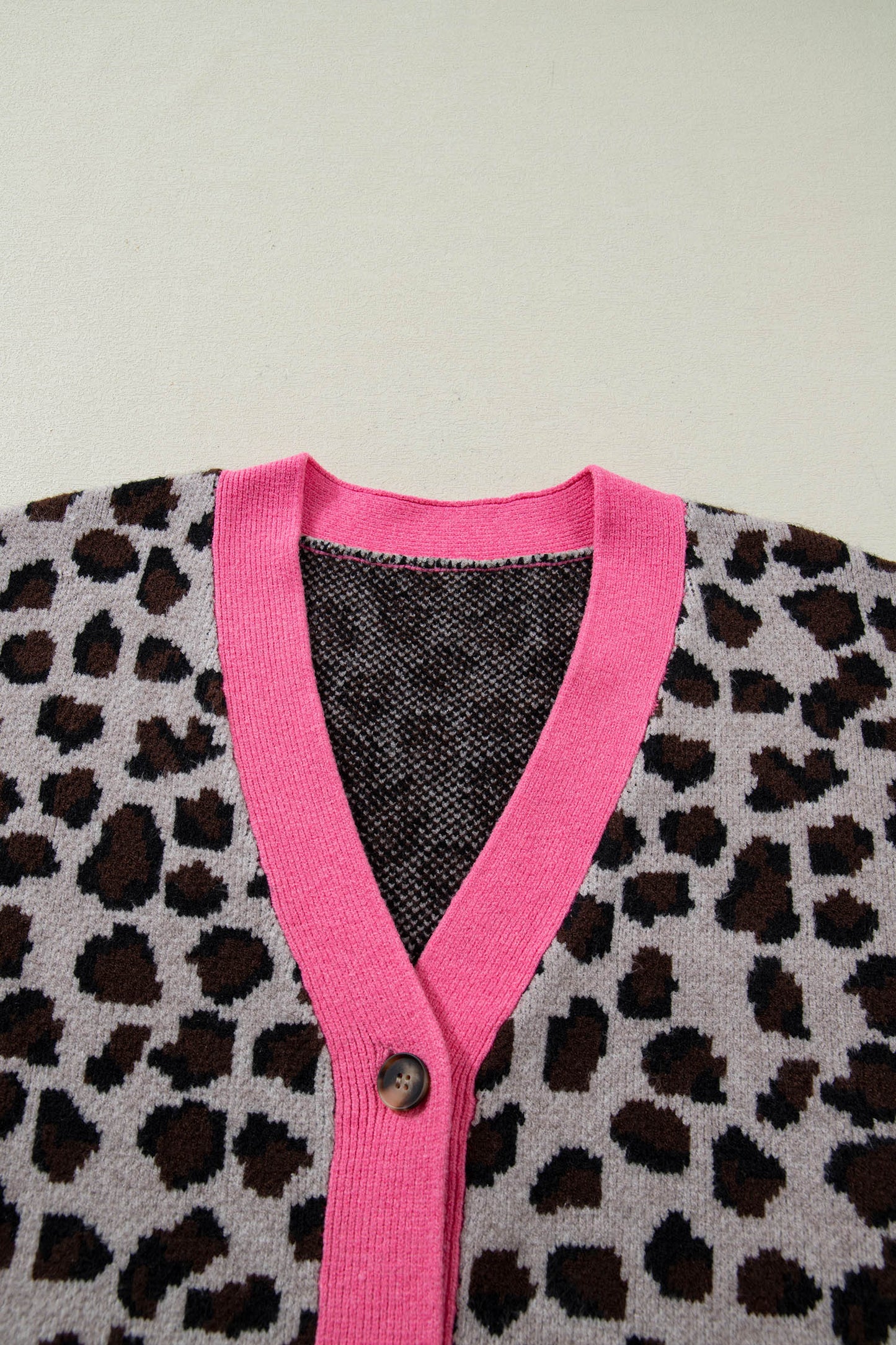 Khaki Oversize Color Block Trim Button Down Leopard Print Cardigan - Snoopy's Closet