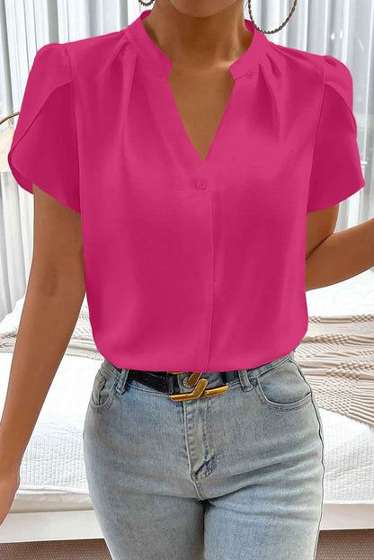 Beige Silky Notched Neckline Petal Sleeve Blouse