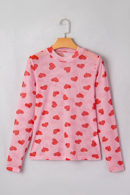 Pink Valentines Heart Printed Sheer Mesh Long Sleeve Top - Snoopy's Closet