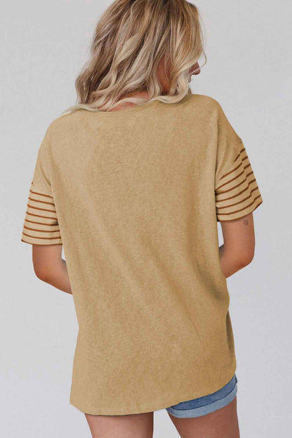Tan Color Block Striped Detail Loose T Shirt
