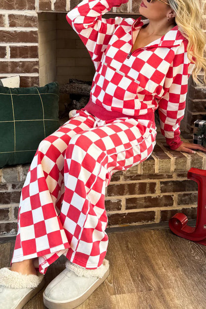 Red Checkered Print Half Zip Hoodie Loose Pant Set - Snoopy's Closet