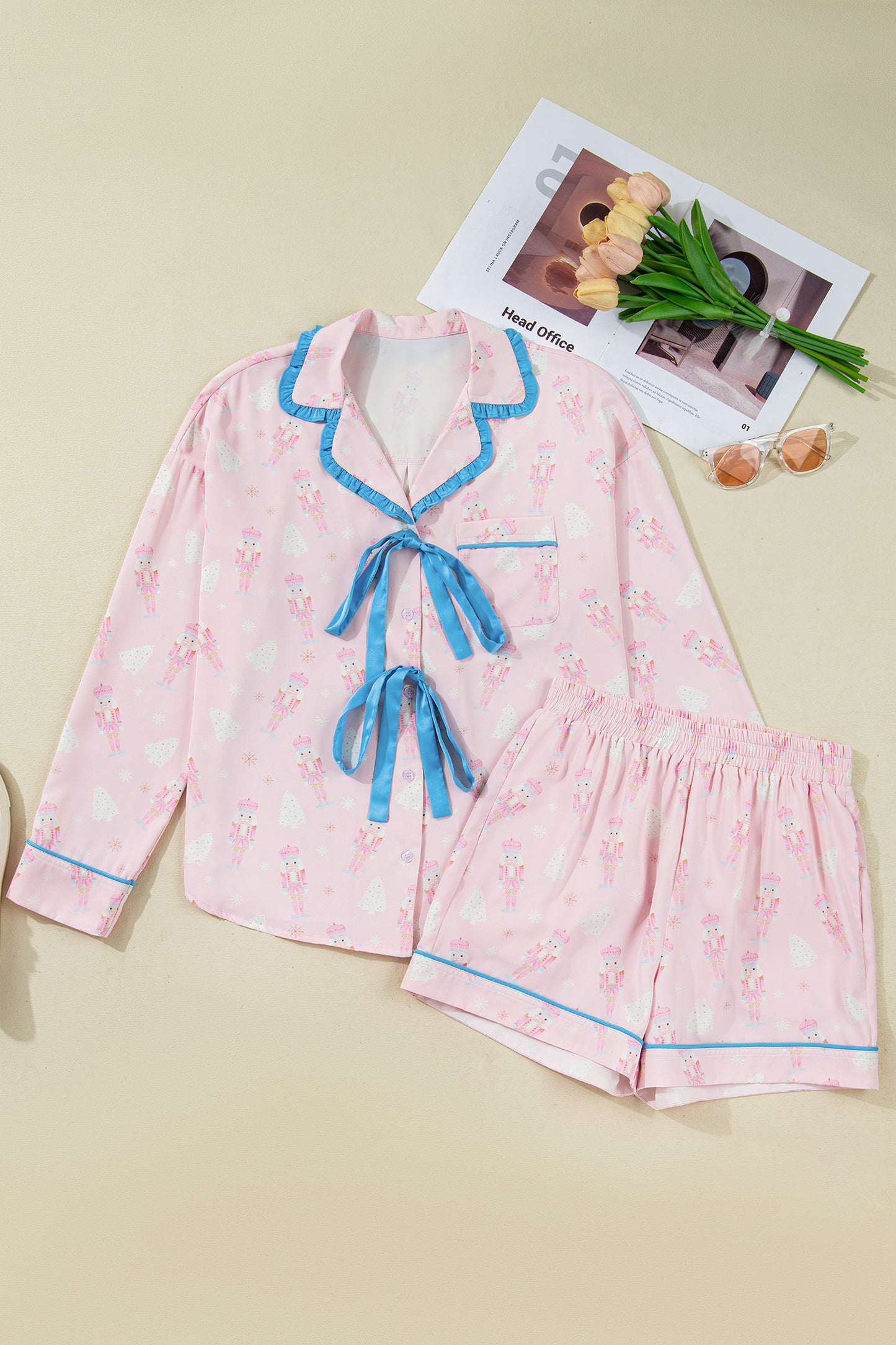 Pink Bow Tie Front Christmas Nutcracker Long Sleeve Shirt Shorts Pajama Set - Snoopy's Closet