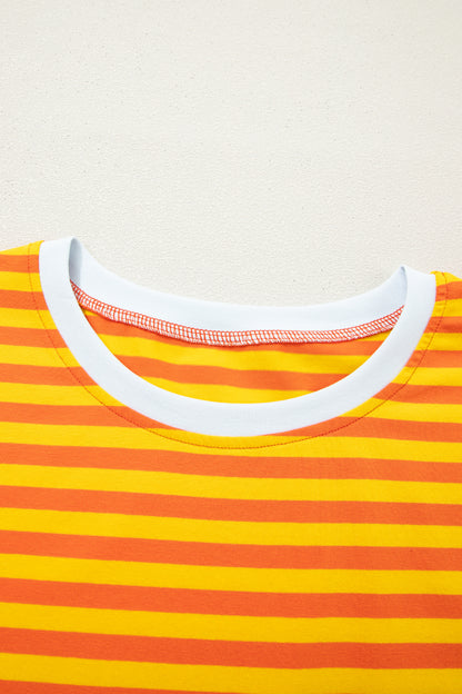 Orange Stripe Contrast Crew Neck Drop Shoulder Loose Tee - Snoopy's Closet