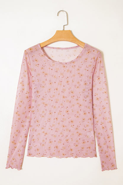 Pink Vintage Floral Print Southern Style Mesh Long Sleeve Top - Snoopy's Closet