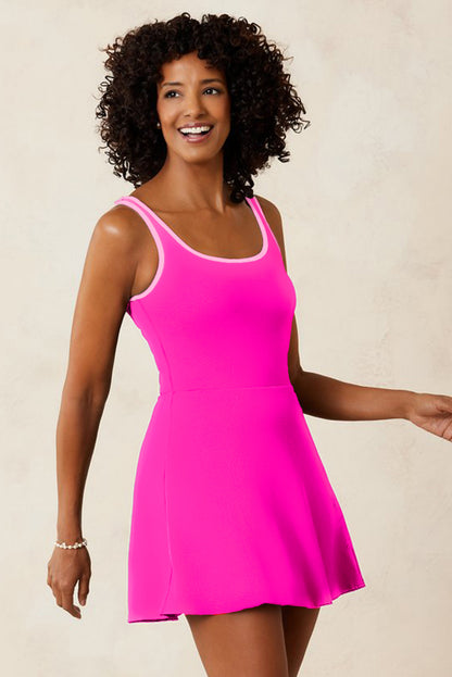 Rose Red Contrast Trim Neckline Active Shorts Attached One Piece Swim Dress - Snoopy's Closet