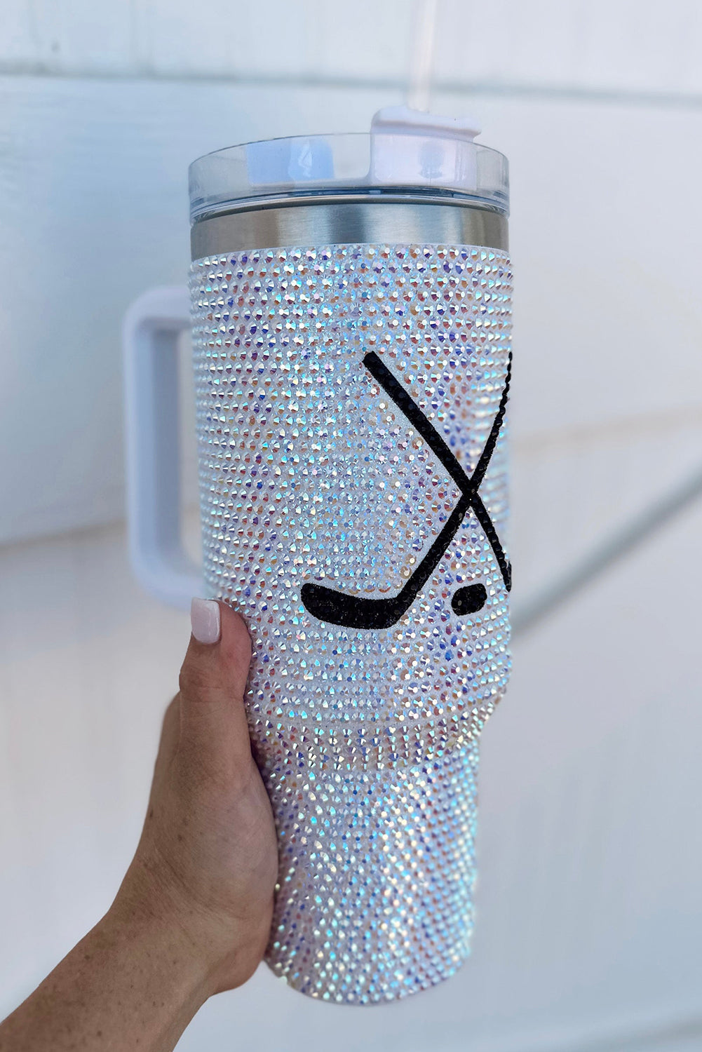 Vaso de 40 oz con asa, con diseño de diamantes de imitación para un día de partido de hockey brillante.