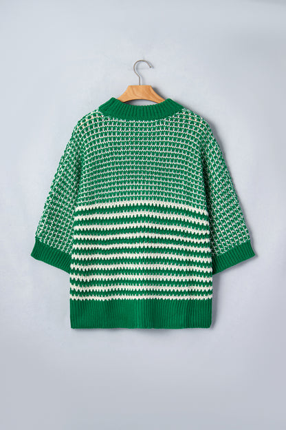 Green Stripe 3/4 Draped Sleeve Slouchy Sweater