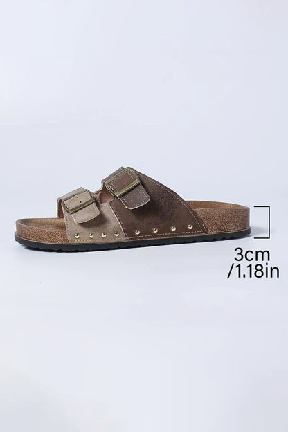 Coffee Leopard Two-tone Retro Buckle Straps Hollowed Faux Suede Slippers - Snoopy's Closet