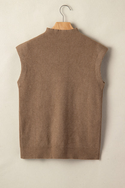 Suéter sin mangas holgado de cuello alto de punto acanalado color beige francés claro liso