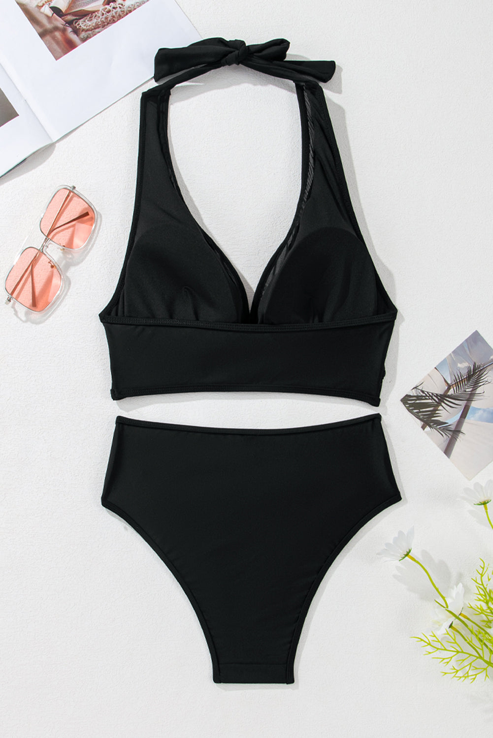 Black Sheer Mesh Edged Halter V Neck Push Up Bikini - Snoopy's Closet