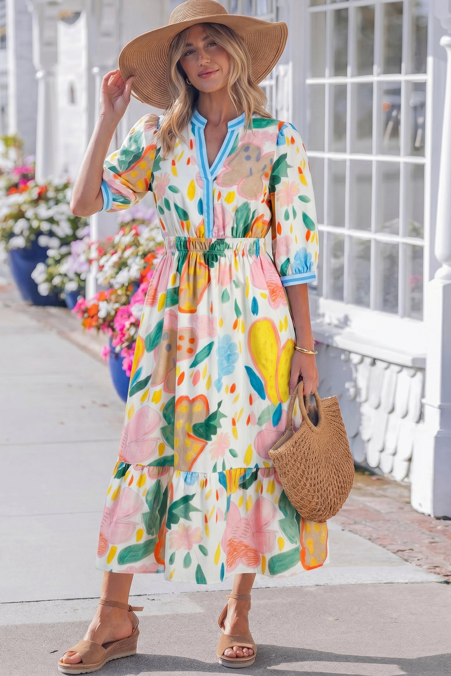 Vestido midi con cuello en V, estampado floral multicolor tipo garabato y ribete a rayas